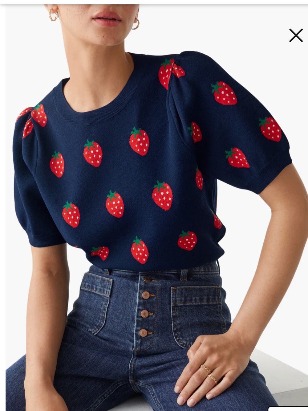 & OTHER STORIES | Strawberry Short Sleeve Sweater In Navy w/ Strawberry Jacquard